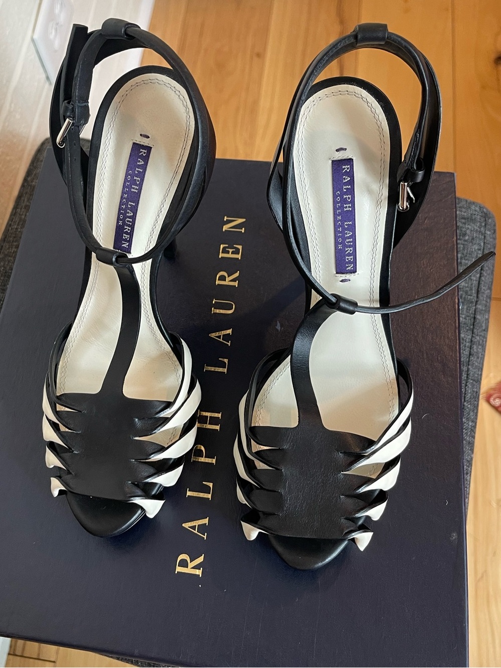 Ralph Lauren Black and White High Heel Strappy Platform Sandals